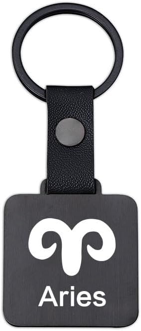 1 PCS Zodiac Signs Keychain, Square Metal Design, Black Leather Strap, 1.38 x 1.56 inches Black - Aries Ring for men