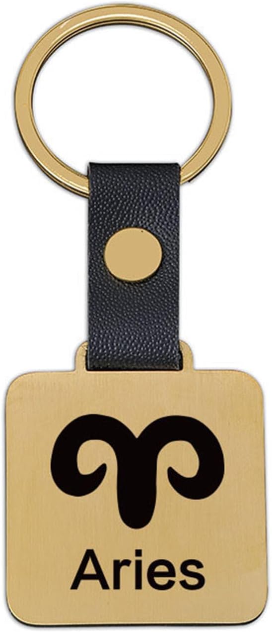 1 PCS Zodiac Signs Keychain, Square Metal Design, Black Leather Strap, 1.38 x 1.56 inches Golden - Aries Ring for men