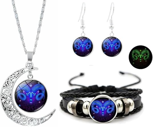 3Pcs Multilayer Constellation Zodiac Leather Bracelet and Necklace with Earring Handmade Woven Zodiac Sign Wrap Bracelet Wristband Sets for Women Men Jewelry Birthday Gift - Aries Ring for men