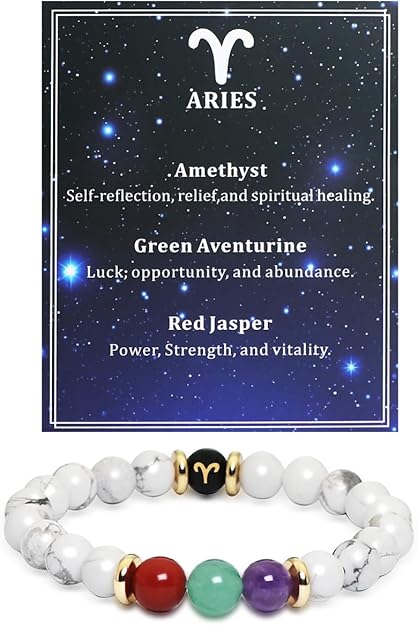 Healing Crystal Zodiac Bracelet 8mm Natural Beaded Star Sign Bracelets Astrology Birthday Gift for Men Women - Aries Bracelet for men