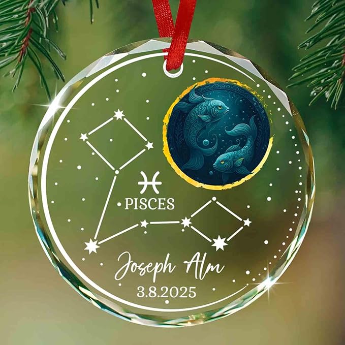 Personalized Pisces Zodiac Glass Ornament, Custom Pisces Constellation Ornaments, 2025 Christmas Zodiac Sign Ornament, Horoscope Gifts for Astrology Lovers Her Him, February & March Birthday Presents - Pisces for men