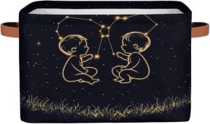 Zodic Sign Gemini Starry Sky Storage Basket with Leather Handles, Foldable Fabric Storage Bin Large Collapsible Organizer for Clothes Toys Laundry Bathroom Nursery 15x11x9.5 In - Gemini Canvas for men