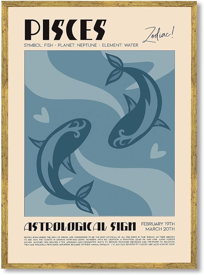 Pisces Zodiac Sign Canvas Print Art Print Vintage Wall Art Painting Cute Astrological Pictures Trendy Home Decor Wall Decoration for Living Room Bedroom (Wood Framed,12L x 16W) - Pisces Canvas for men