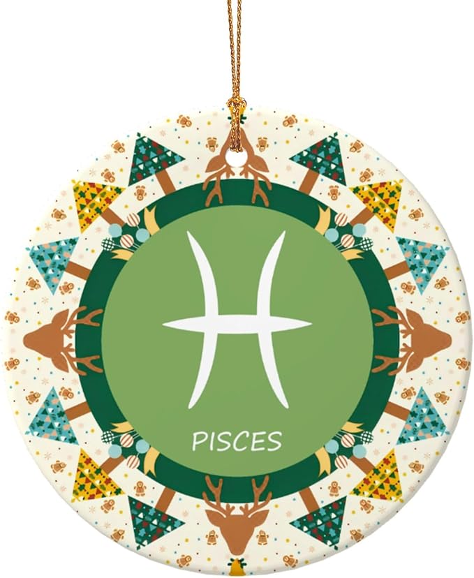 Pisces Sign Christmas Ornaments, Round Ceramic Porcelain Ornaments for Xmas Christmas Tree Decor, Home Ornament Office Decoration Xmas Souvenirs - Pisces Home Decor for men