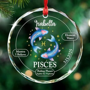 Personalized Pisces Glass Ornament 2025, Keepsake Gift for Pisces Sign, Astrology Enthusiasts Ornaments, Customized Name & Date Element Water Christmas Decor, Zodiac Lovers Holiday Ornament Gifts - Pisces Home Decor for men