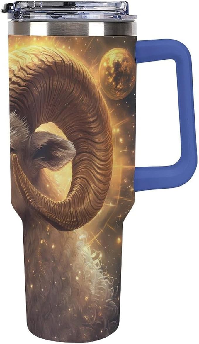 Zodiac Sign Aries Golden 40 Oz Tumbler with Handle And Straw Lid Insulated Coffee Mug Travel Car Cup - Aries Mug for men