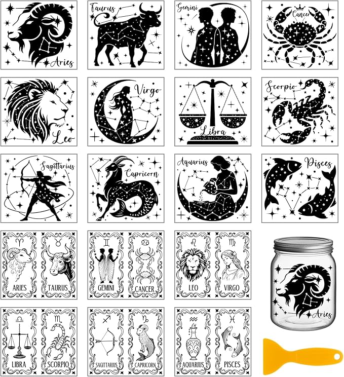 GLOBLELAND 18 Sheets Vintage Zodiac Signs Rub on Transfers Sticker for Crafts 3.9x3.6inch Constellation Silhouettes UV DTF Cup Decals Stickers Divination Cards Transfer Decal for Glass Bottle Decors - Aries Sticker for men