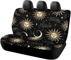 Luxury Mystical Magical Cosmic Astrology Sun Crescent Moon Stars Gold Black Art Car Seat Cover Universal Fit Cars Trucks SUVs Minivans - Dust-Free Seat Cushion Pad Mat Covers Easy Installation - Aquarius Car Seat Cover for men