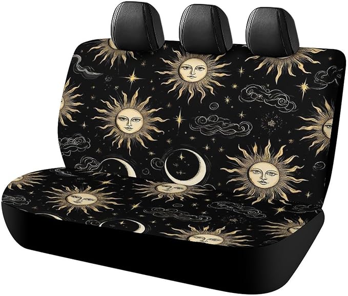 Luxury Mystical Magical Cosmic Astrology Sun Crescent Moon Stars Gold Black Art Car Seat Cover Universal Fit Cars Trucks SUVs Minivans - Dust-Free Seat Cushion Pad Mat Covers Easy Installation - Aquarius Car Seat Cover for men