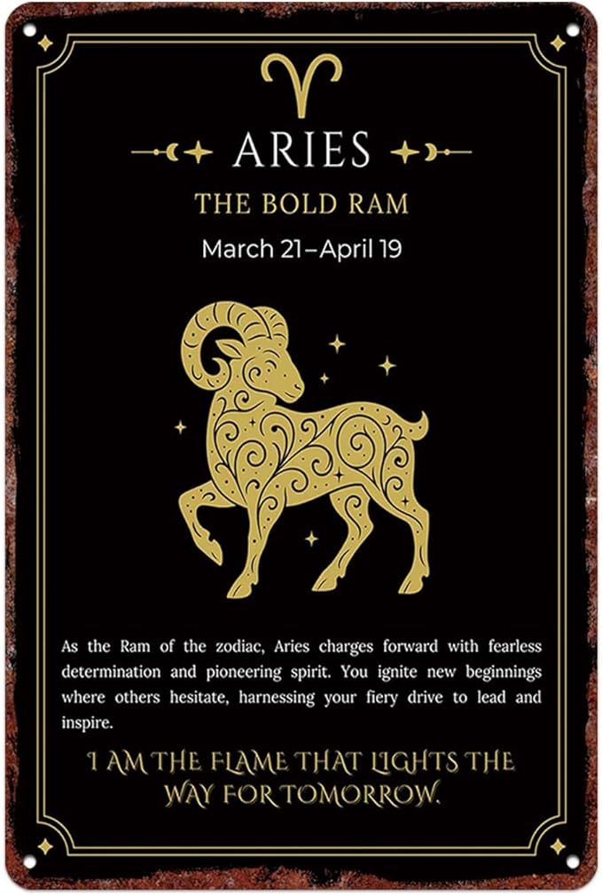 BGUXIG Vintage Metal Signs Aries Zodiac Art with Golden Ram Illustration Posters Wall Art Print for Office Dorm Man Cave Garage Decor 8X12inch - Aries Poster for men