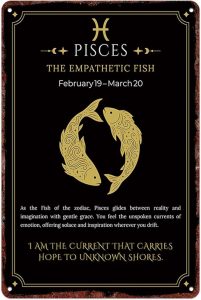 BGUXIG Vintage Metal Signs Pisces zodiac fish celestial star symbol in gold circle ornamental de Posters Wall Art Print for Office Dorm Man Cave Garage Decor 8X12inch - Pisces Home Decor for men