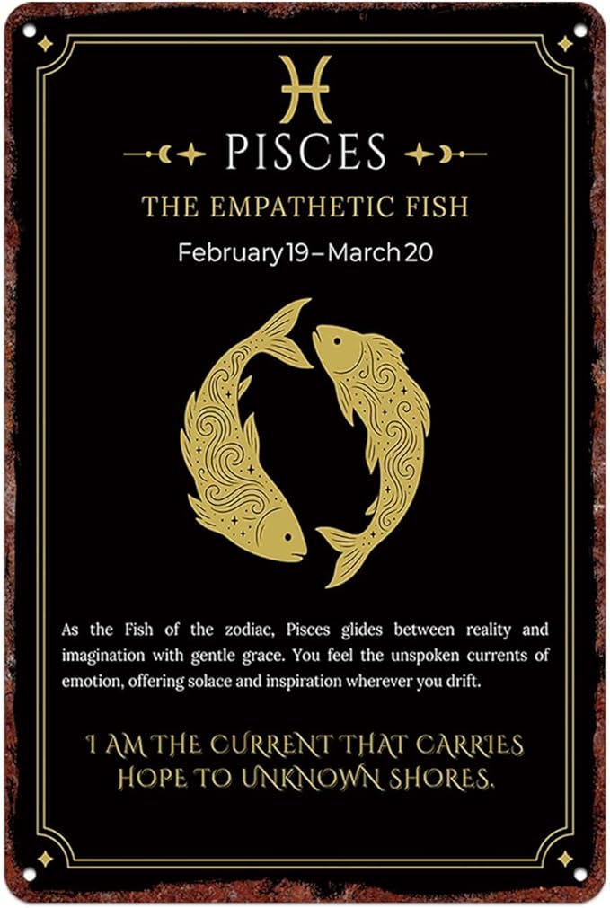 BGUXIG Vintage Metal Signs Pisces zodiac fish celestial star symbol in gold circle ornamental de Posters Wall Art Print for Office Dorm Man Cave Garage Decor 8X12inch - Pisces Home Decor for men