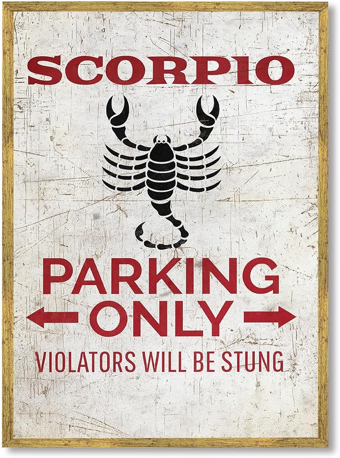 Vintage Framed Scorpio Parking Only Canvas Print Oil Paintings Reproduction World Classics Retro Poster Wall Decor Funny Zodiac Sign Wall Art for Garage Office Bar Decoration (Wood Framed,12L x 16W) - Scorpio Canvas for men