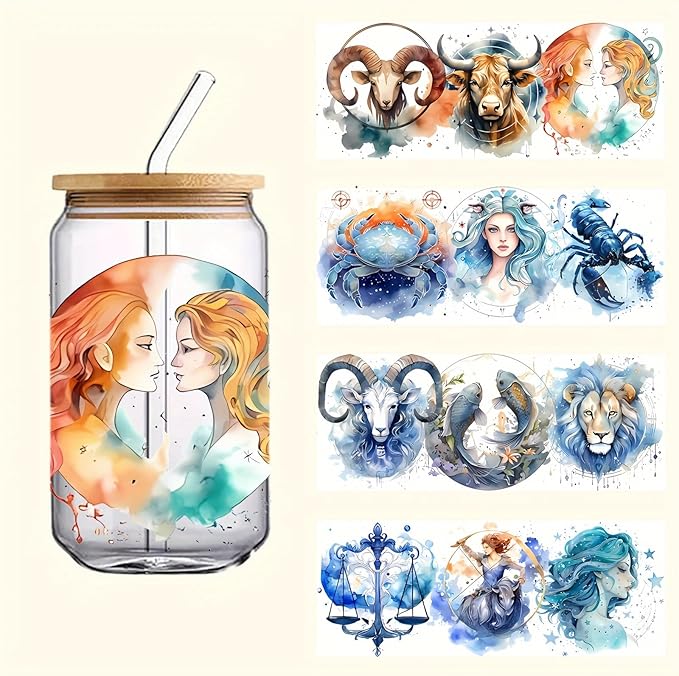 5 Gemini UV DTF Cup Cover - 3D Crystal Scratch Resistant Self-Adhesive Sticker for 16oz Mugs, Water Bottles and Mugs, Art Sign Themes with Aries, Taurus, Scorpio, Leo, Libra, Sagittarius, - Aries Mug for men
