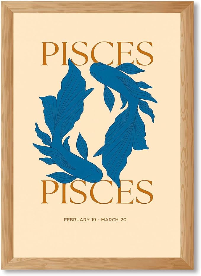 Framed Pisces Zodiac Sign Canvas Print Art, Modern Wall Art Painting, Cute Fish Pictures,Trendy Home Decor, Decoration for Living Room, Bedroom Wall Decor Art Print (Wood Framed,8L X12W) - Pisces Canvas for men