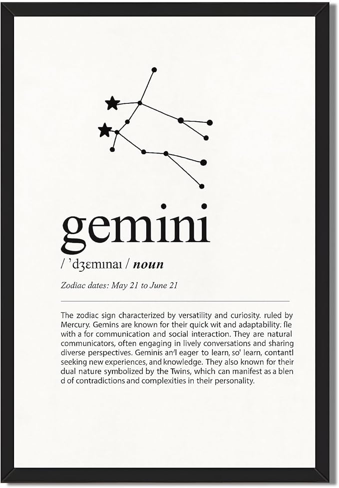 Framed Gemini Zodiac Sign Poster Canvas Print Art Minimalist Aesthetic Wall Art Pictures Trendy Art Print for Living Room Bedroom Home Decor Wall Decoration (Black Framed,12L x16W) - Gemini Canvas for men