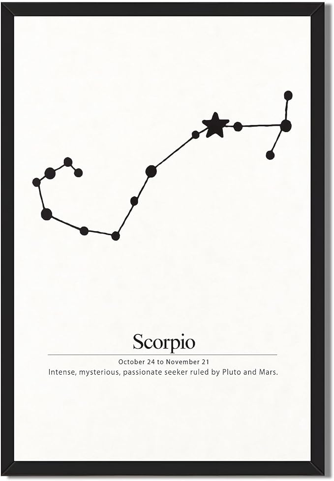 Framed Scorpio Zodiac Constellation Poster Canvas Print Art Minimalist Aesthetic Wall Art Trendy Painting Pictures for Living Room Home Decor Dorm Room Wall Decoration (Black Framed,12L x16W) - Scorpio Canvas for men