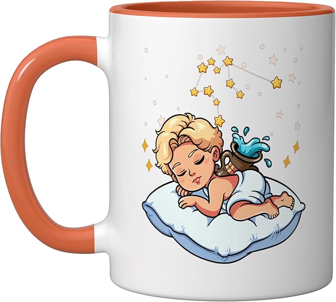 Aquarius Zodiac Sign Sleeping Ceramic Mug, Orange/White - Aquarius Mug for men