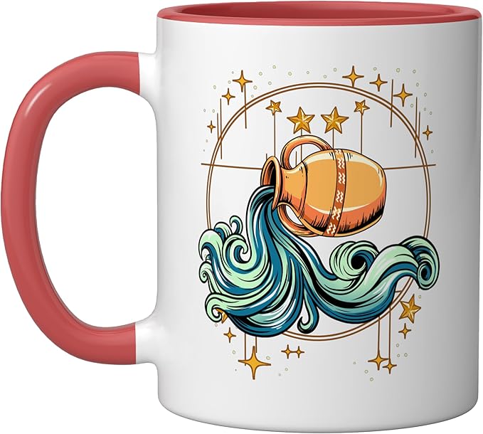 Aquarius Zodiac Sign Ceramic Mug, Red/White - Aquarius Mug for men