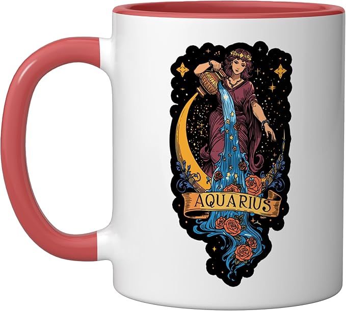 Aquarius Zodiac Sign Water Bearer Astrology Birthdate Ceramic Mug, Red/White - Aquarius Mug for men