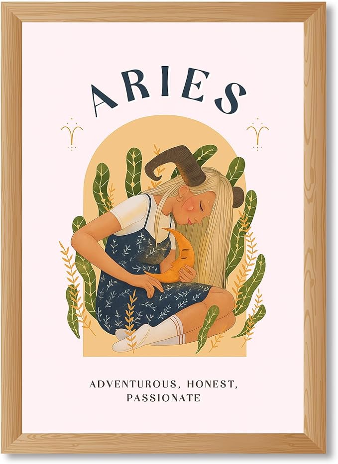 Framed Aries Zodiac Sign Canvas Print Art Boho Art Print Cute Pictures Wall Decor Painting for Living Room Bedroom Dorm Room Decoration Trendy Astrological Poster (Wood Framed,12L x16W) - Aries Canvas for men
