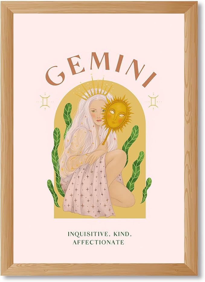 Framed Gemini Zodiac Sign Canvas Print Art Boho Wall Art Elegant Painting Pictures Trendy Wall Decor Home Decor Dorm Room Art Print Decoration (Wood Framed,12L x16W) - Gemini Canvas for men