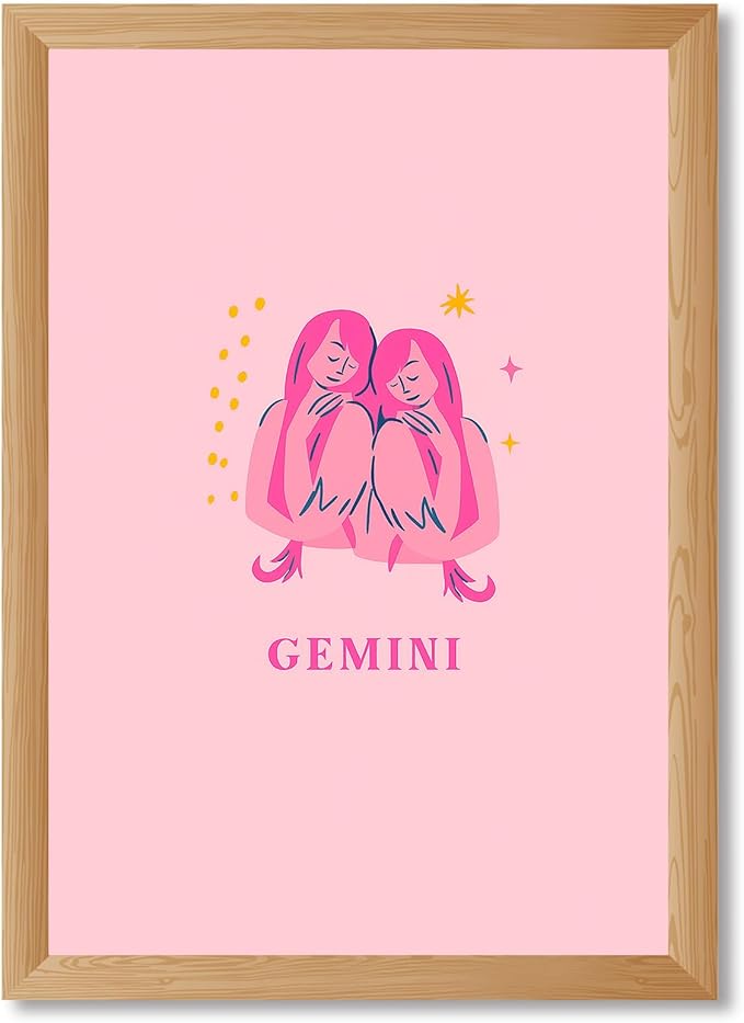 Framed Gemini Zodiac Sign Poster Canvas Print Art Modern Painting Pictures Cute Art Print Wall Decor for Bedroom Dorm Room Wall Decoration Trendy Home Decor (Wood Framed,12L x16W) - Gemini Canvas for men