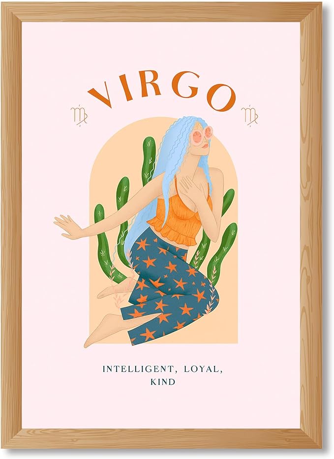Framed Virgo Zodiac Sign Poster Canvas Print Art Cute Wall Art Painting Pictures Boho Trendy Wall Decoration for Bedroom Living Room Dorm Room Home Decor (Wood Framed,12L x16W) - Virgo Poster for men