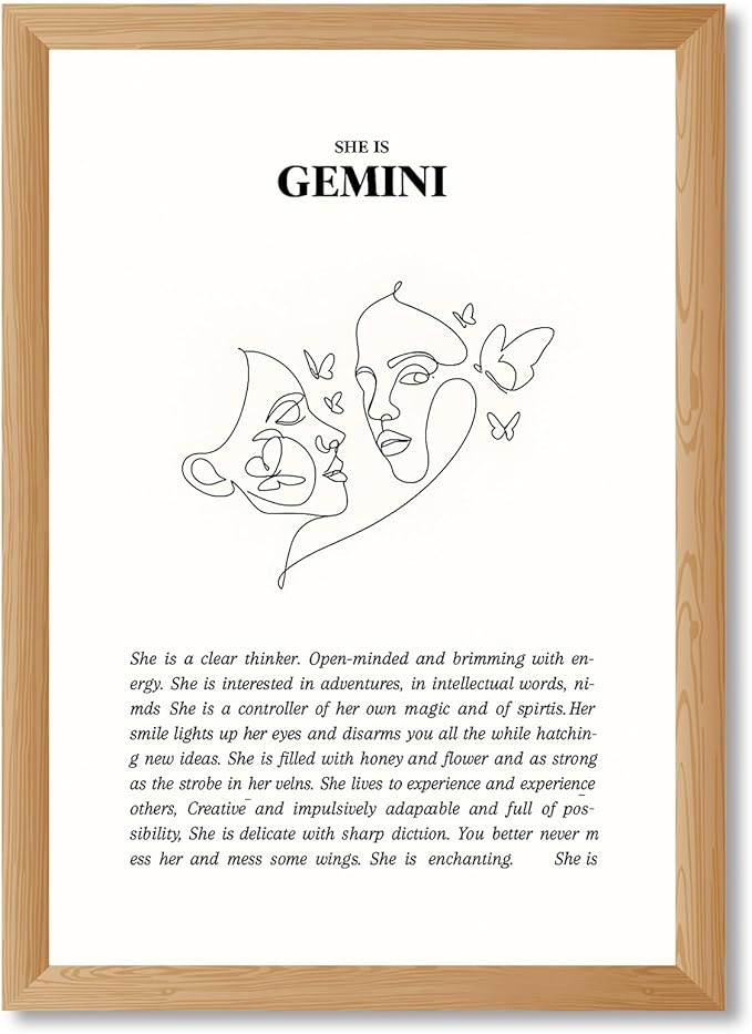 Framed Gemini Zodiac Sign Canvas Print Art Minimalist Aesthetic Trendy Wall Art Wall Decoration Painting Pictures Exquisite Art Print for Living Room Bedroom Dorm Room Home Decor (Wood Framed,12L"x16W") - Gemini Canvas for men