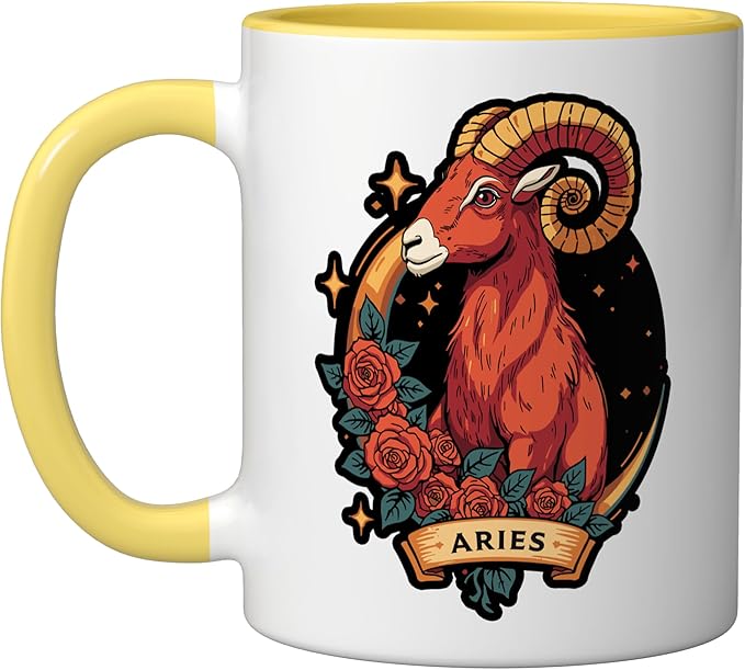 Aries Zodiac Sign Ram Astrology Spiritual Birthday In April Ceramic Mug, Yellow/White - Aries Mug for men