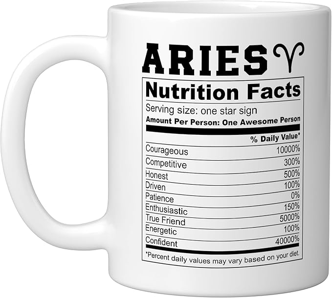 Aries Nutrition Facts Zodiac Sign Personality Aries Ceramic Mug, White - Aries Mug for men