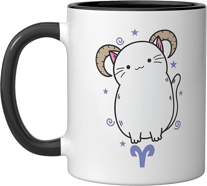 Aries Zodiac Sign as a Cat Horoscope Ceramic Mug, Black/White - Aries Mug for men
