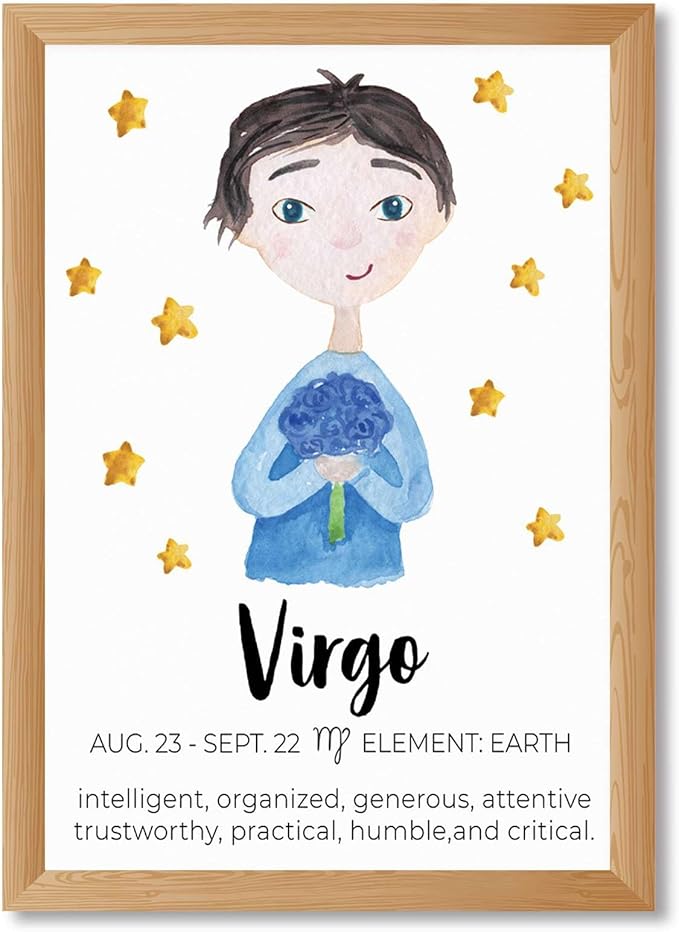 Framed Virgo Zodiac Poster Canvas Print Art Cute Wall Art Painting Pictures Home Decor Whimsical Minimalist Aesthetic Art Print for Living Room Dorm Room Wall Decoration (Wood Framed,12L x16W) - Virgo Poster for men