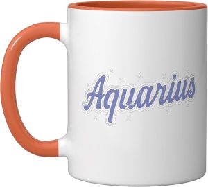Aquarius Retro Script Zodiac Purple Ceramic Mug, Orange/White - Aquarius Mug for men