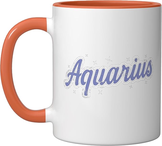 Aquarius Retro Script Zodiac Purple Ceramic Mug, Orange/White - Aquarius Mug for men