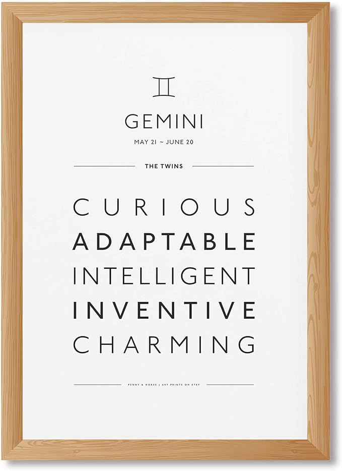 Framed Gemini Zodiac Sign Poster Canvas Print Art Minimalist Aesthetic Wall Art Painting PicturesTrendy Art PrintDorm Room Wall DecorElegant Home DecorDecoration (Wood Framed,12L x16W) - Gemini Canvas for men