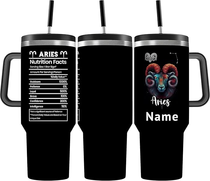 Personalized 40oz Aries Name Zodiac Sign Nutrition Facts Stainless Steel Insulated Vacuum Tumbler Mug Water Bottle with Handle,3 Lids,Straw,Travel Coffee Constellation Cup,Gift for Women(Lid-02) - Aries Mug for men