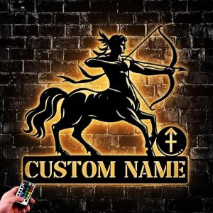 Personalized Sagittarius Zodiac Metal Wall Art with LED Lights, Custom Constellation Horoscope Name Sign, Unique Astrology Home Décor Gift Idea (Style 9) - Sagittarius Home Decor for men