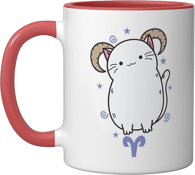 Cat Aries Zodiac Sign Ceramic Mug, Red/White - Aries Mug for men