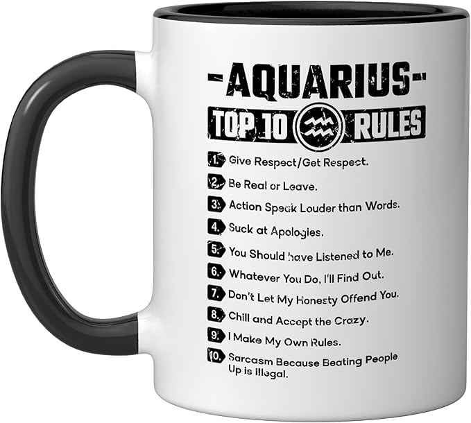 Aquarius Top 10 Rules Horoscope Astrology Zodiac Sign Ceramic Mug, Black/White - Aquarius Mug for men