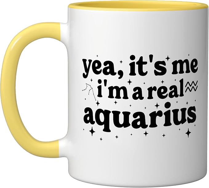 Aquarius Groovy Horoscope Astrology Zodiac Sign Ceramic Mug, Yellow/White - Aquarius Mug for men