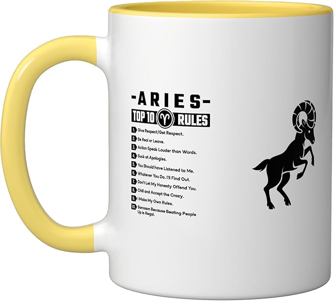 Aries Top 10 Rules Horoscope Astrology Zodiac Sign Ceramic Mug, Yellow/White - Aries Mug for men