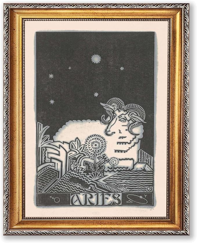Vintage Framed Aries Zodiac Sign Wall Art Canvas Print Oil Paintings Reproduction World Classics Minimalist Aesthetic Poster Painting Pictures Home Decor for Living Room Dorm Room (Retro Framed,12L"x16W") - Aries Poster for men