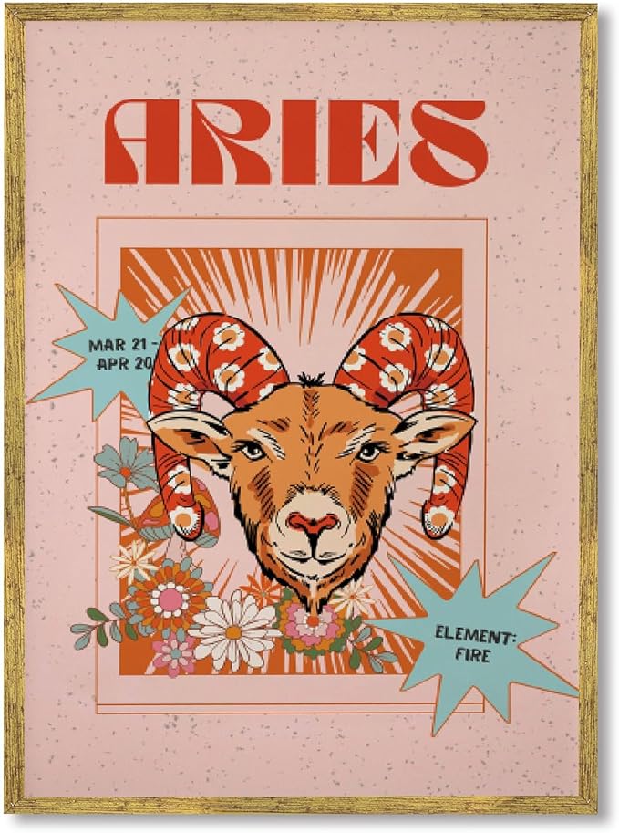 Framed Aries Zodiac Sign Poster Canvas Print Art Funky Wall Art Painting Quirky Pictures Trendy Wall Decor for Living Room Dorm Room DecorationArt Print Home Decor (Gold Framed,12L x16W) - Aries Poster for men
