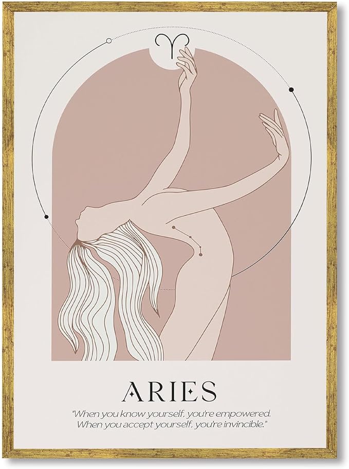 Framed Aries Zodiac Sign Woman Poster Canvas Print Art Minimalist Aesthetic Wall Art Painting Pictures Wall Decor Elegant Art Print for Bedroom Home Decor Decoration Apartment (Gold Framed,12L x16W) - Aries Poster for men