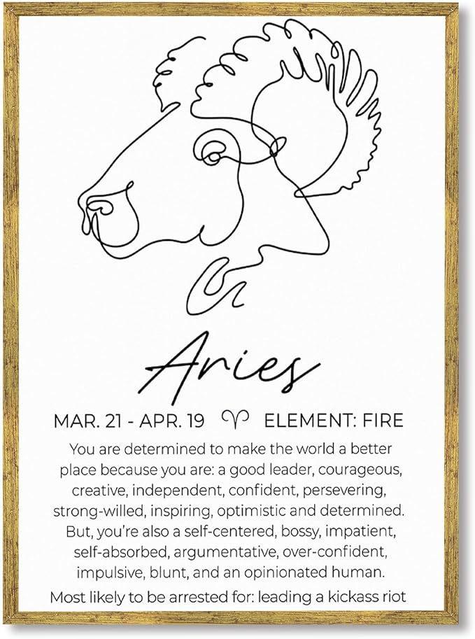 Framed Aries Zodiac Sign Poster Canvas Print Art Minimalist Aesthetic Wall Art Painting Pictures Elegant Wall Decor Home Decor for Living Room Dorm Room College (Gold Framed,12L x16W) - Aries Poster for men