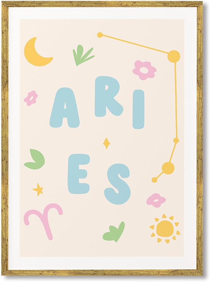 Framed Aries Zodiac Sign Canvas Print Art Boho Wall Art Painting Cute Astrological Poster Pictures Trendy Dorm Room Wall Decor Minimalist Aesthetic Home Decor Art Print (Gold Framed,12L x16W) - Aries Canvas for men