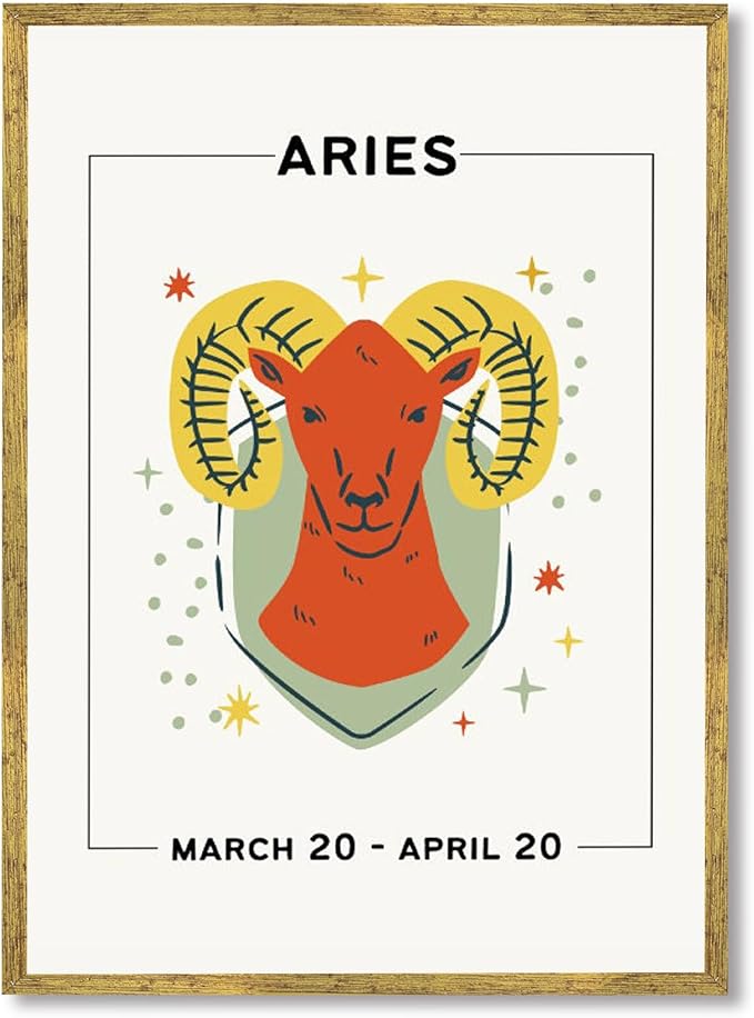Framed Aries Zodiac Sign Poster Canvas Print Art Cute Boho Wall Art Painting Pictures for Living Room Home Decor Decoration Dorm Room Art Print Wall Decor (Gold Framed,12L x16W) - Aries Poster for men
