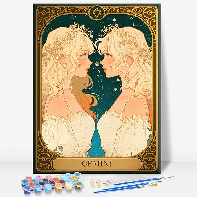 Aeontinity Gemini Tarot Card Zodiac Signs Framed Canvas DIY Paint by Numbers Kit Bar Cafe Cave Home Room Wall Bathroom Porch Patio Decor Gift, 16 x 12 Inch - Gemini Canvas for men
