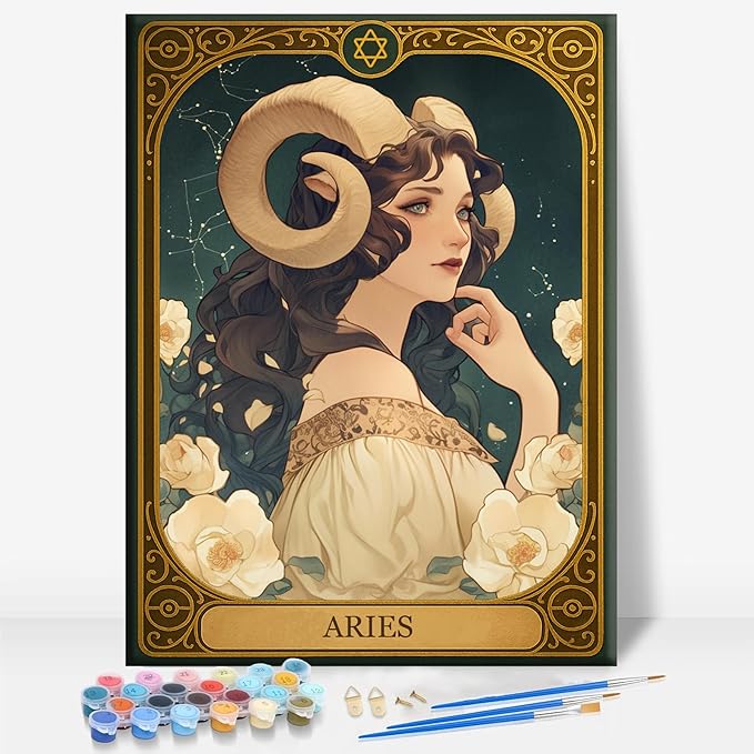 Aeontinity Aries Tarot Card Zodiac Signs Framed Canvas DIY Paint by Numbers Kit Bar Cafe Cave Home Room Wall Bathroom Porch Patio Decor Gift, 16 x 12 Inch - Aries Canvas for men